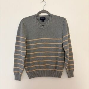 Lands' End V-Neck Drifter 100% Cotton Sweater, gray with tan stripes, small, EUC